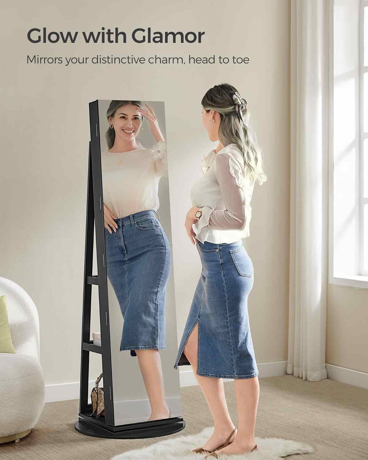 Standing Jewelry Armoire 6 LEDs Lockable Mirror Cabinet