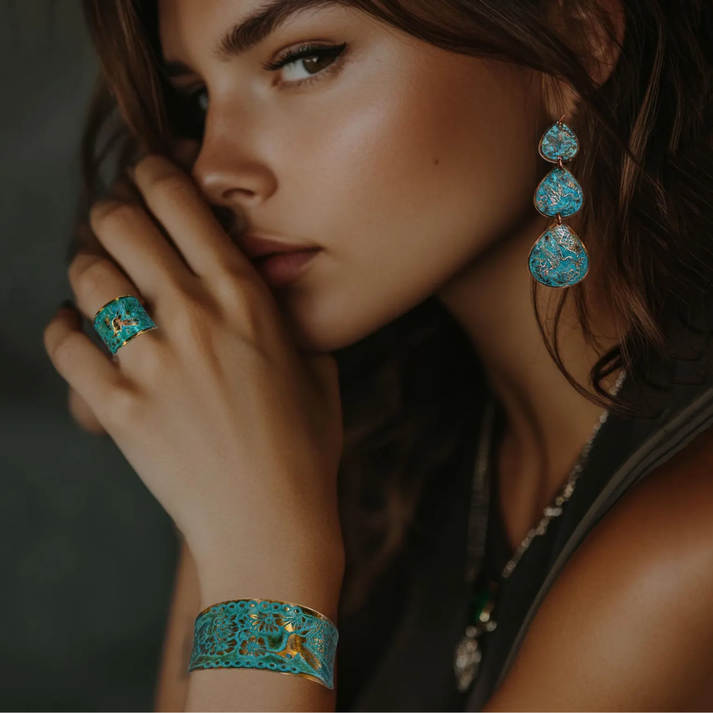 Solid Copper Patina Cuff Bracelet With Hummingbird