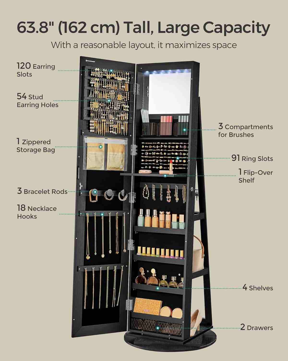 Standing Jewelry Armoire 6 LEDs Lockable Mirror Cabinet
