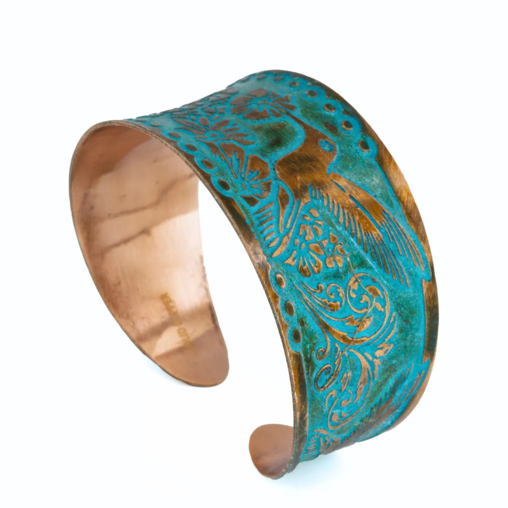 Solid Copper Patina Cuff Bracelet With Hummingbird