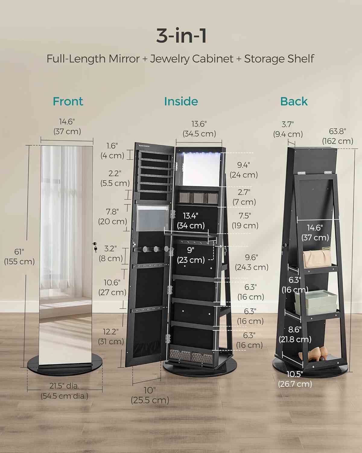 Standing Jewelry Armoire 6 LEDs Lockable Mirror Cabinet