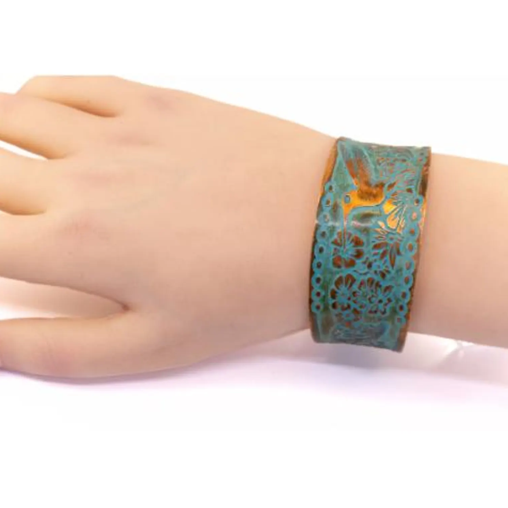 Solid Copper Patina Cuff Bracelet With Hummingbird