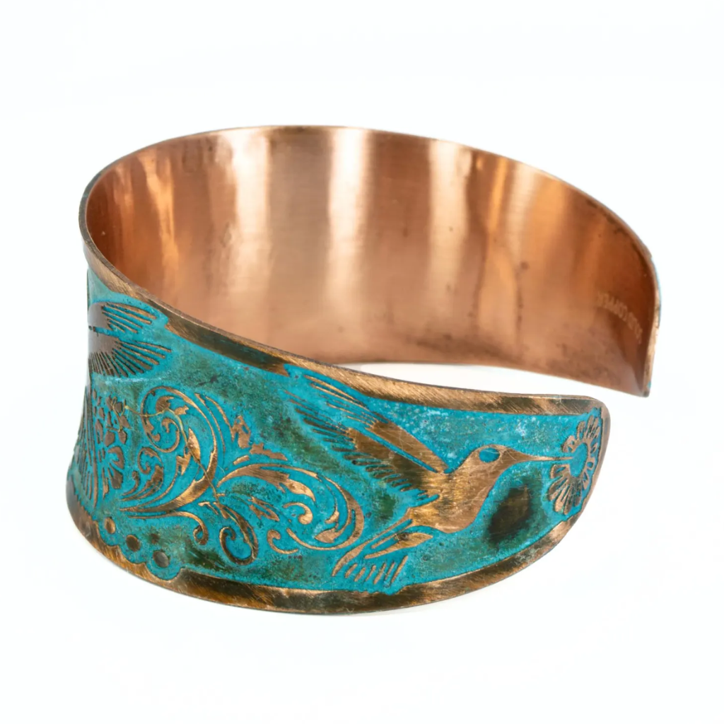 Solid Copper Patina Cuff Bracelet With Hummingbird