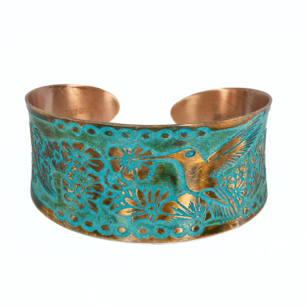 Solid Copper Patina Cuff Bracelet With Hummingbird