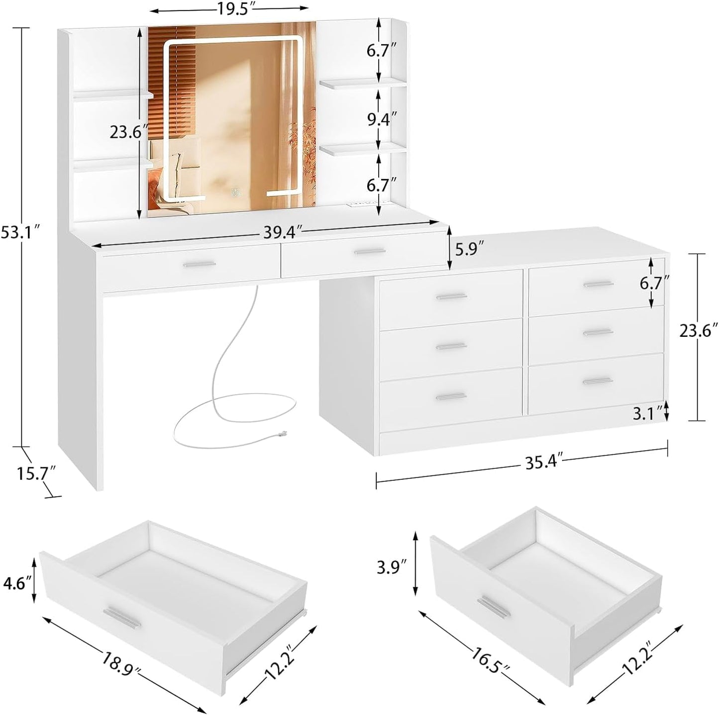 Vanity Makeup Desk with 8 Drawers, 6 Storage Shelves