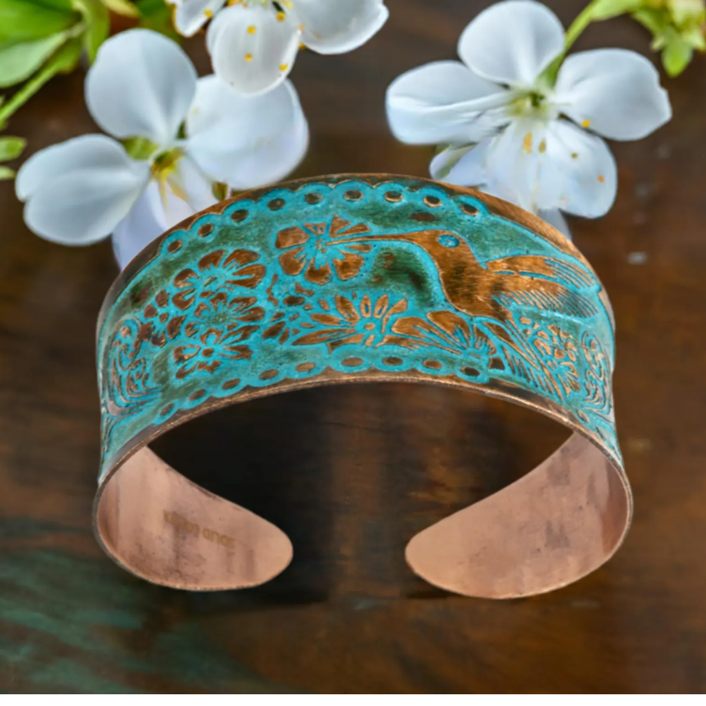 Solid Copper Patina Cuff Bracelet With Hummingbird