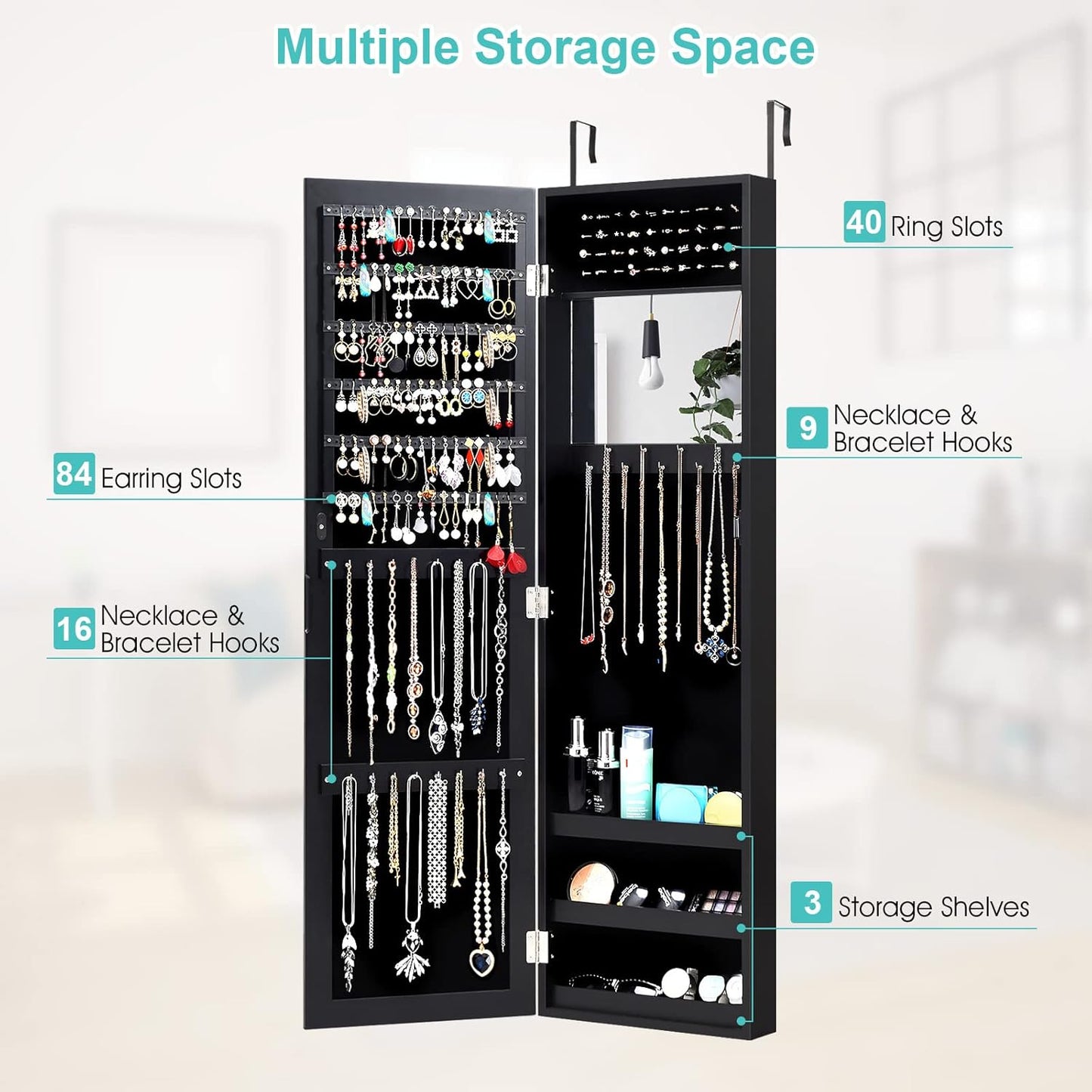 Wall Mounted Jewelry Armoire with Mirror