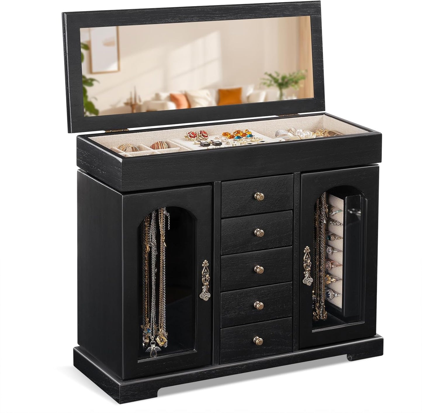 Rustic Wooden Jewelry Organizer Box with Mirror