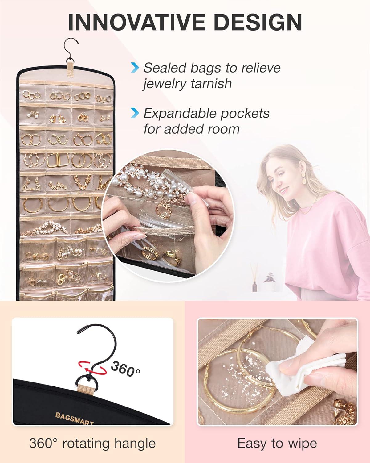 Dual sided hanging jewelry organizer