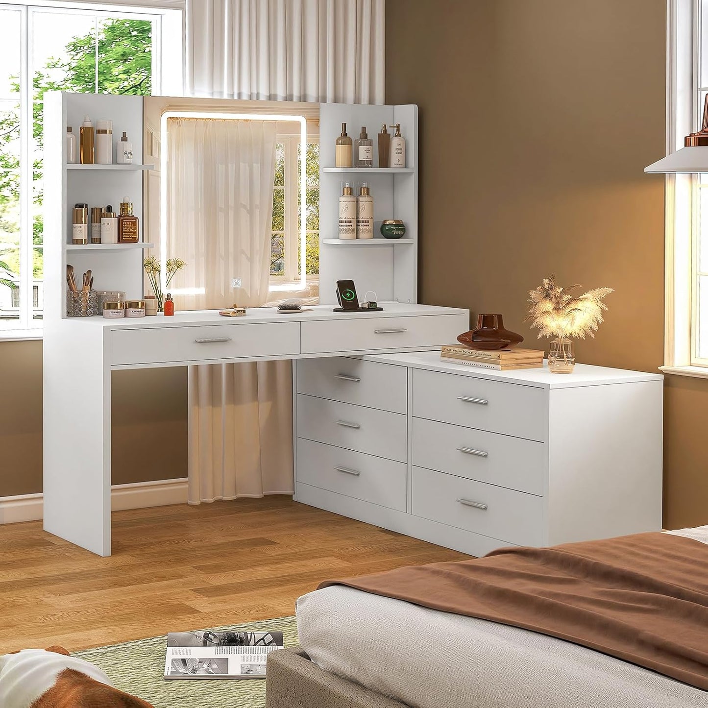 Vanity Makeup Desk with 8 Drawers, 6 Storage Shelves