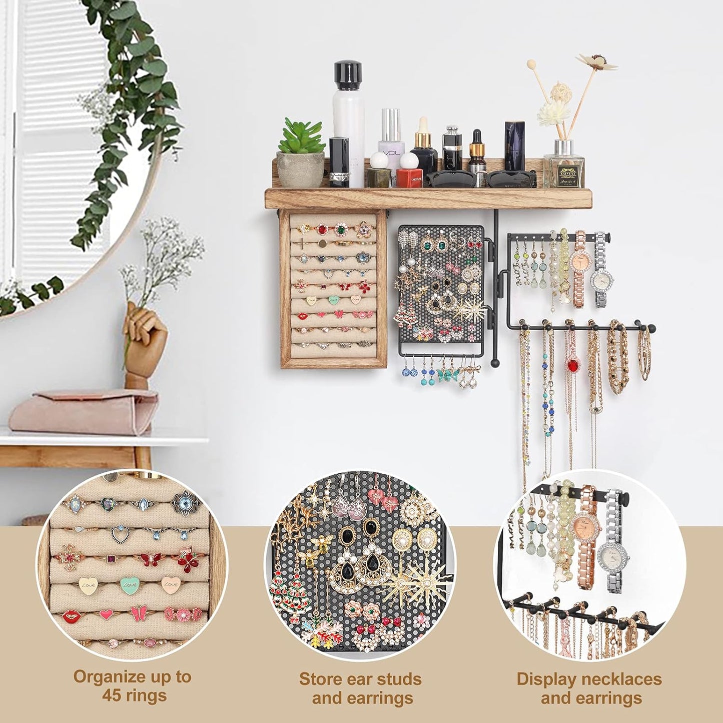 Wall Hanging Jewelry Organizer Wall Mount with Rustic Wood