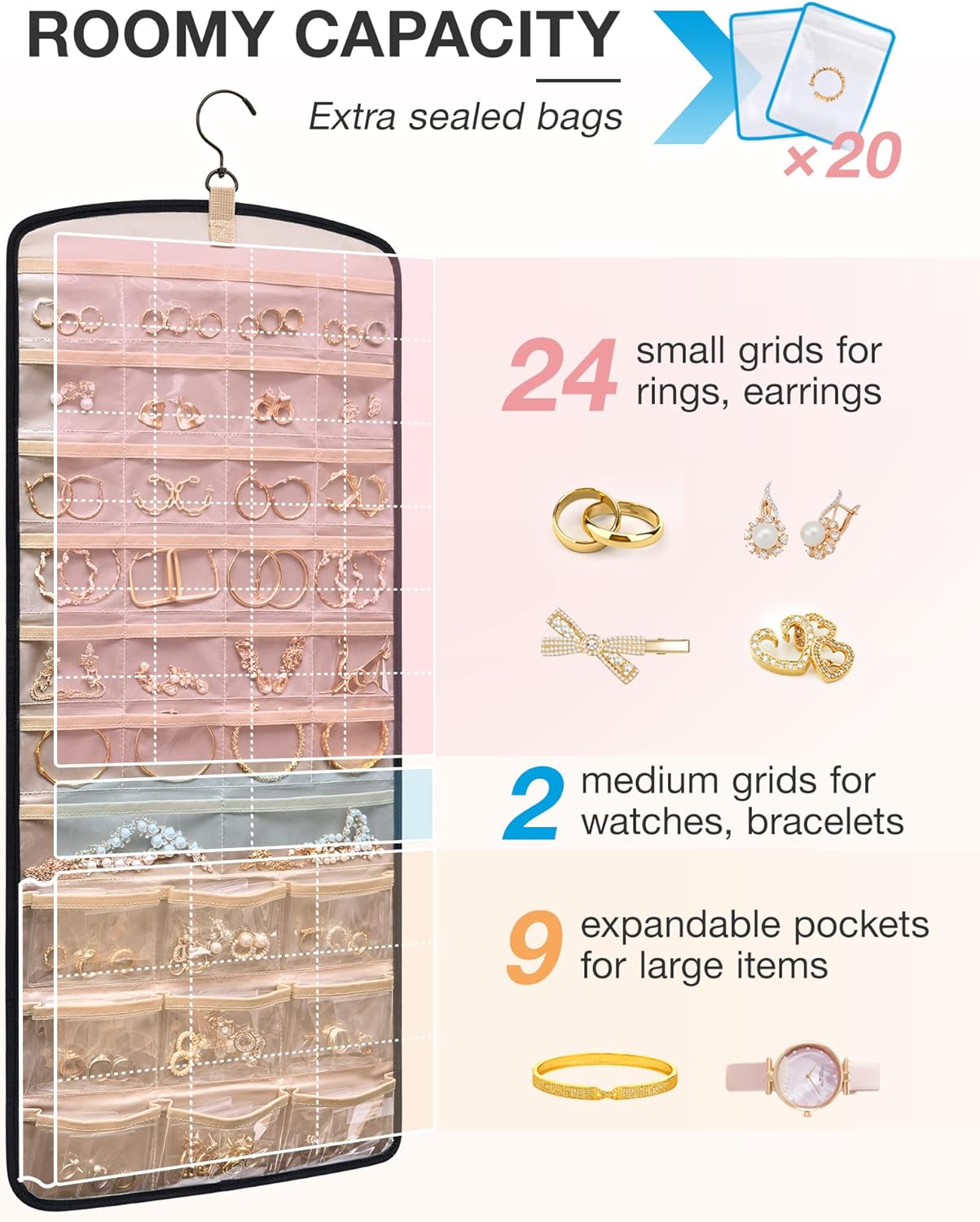 Dual sided hanging jewelry organizer