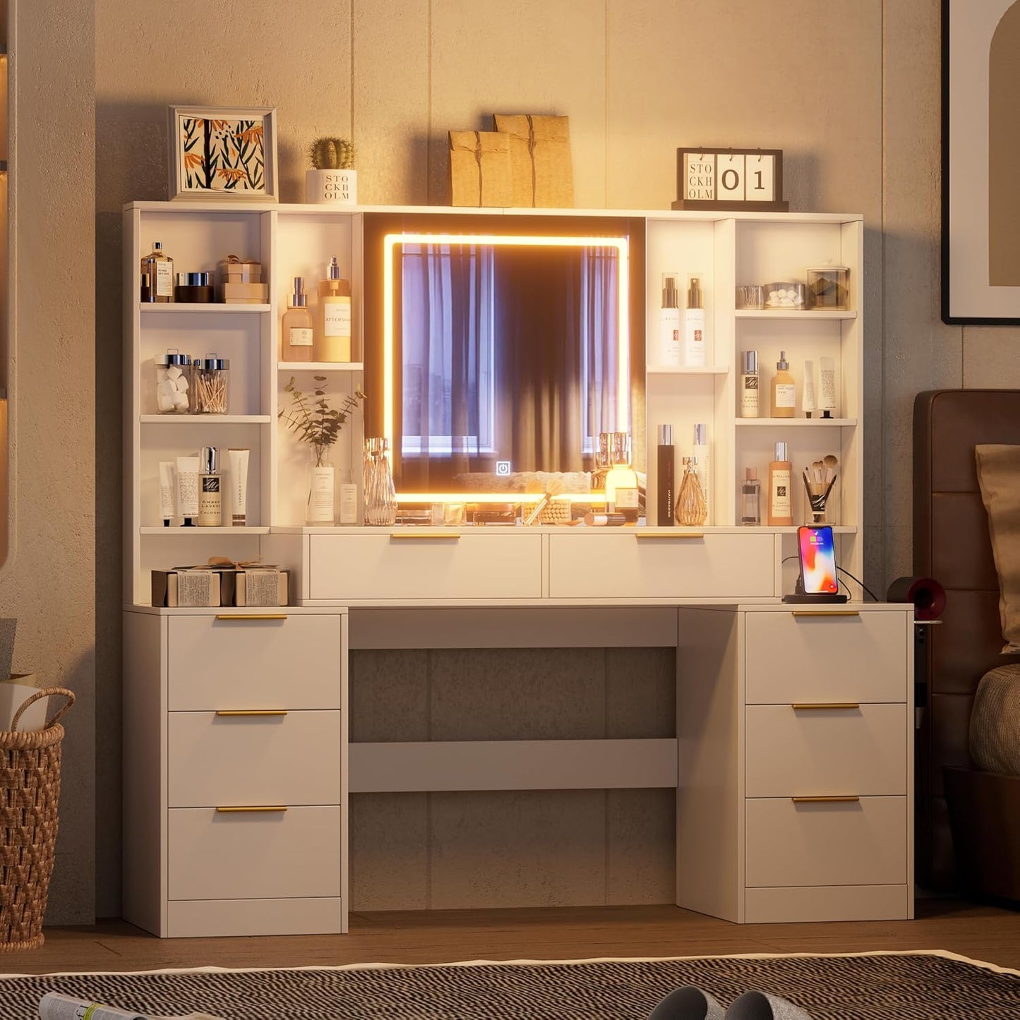 Large Makeup Vanity Desk with Lighted Mirror & Power Outlet