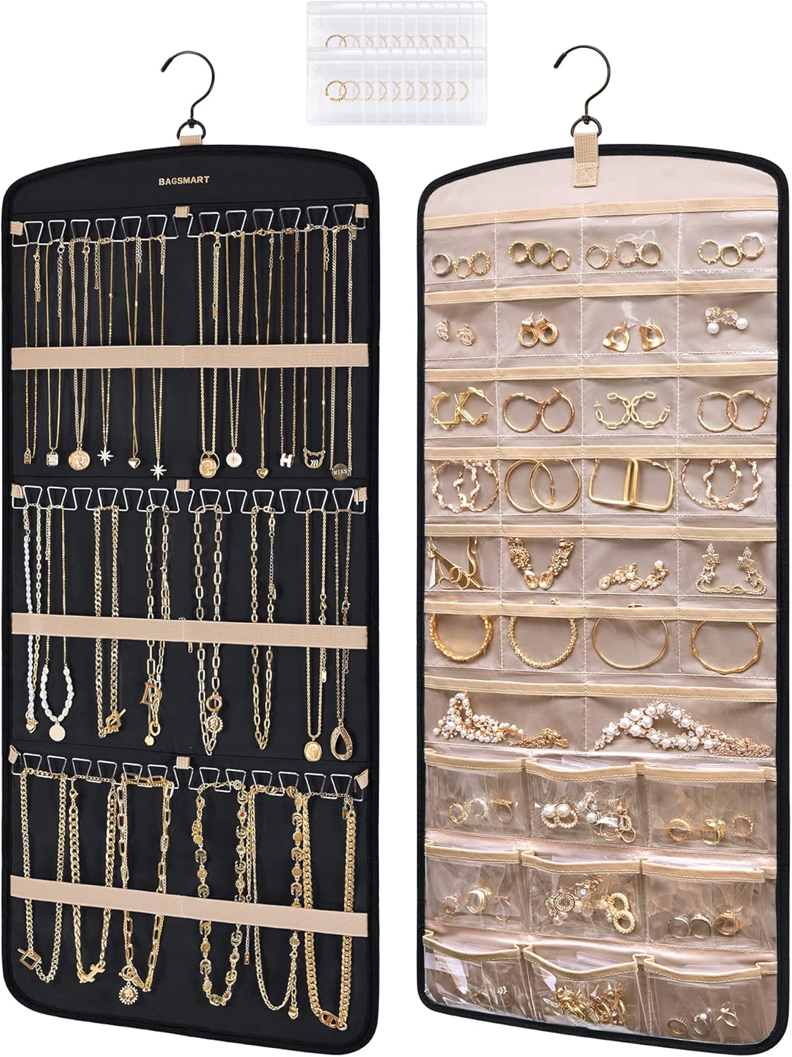 Dual sided hanging jewelry organizer
