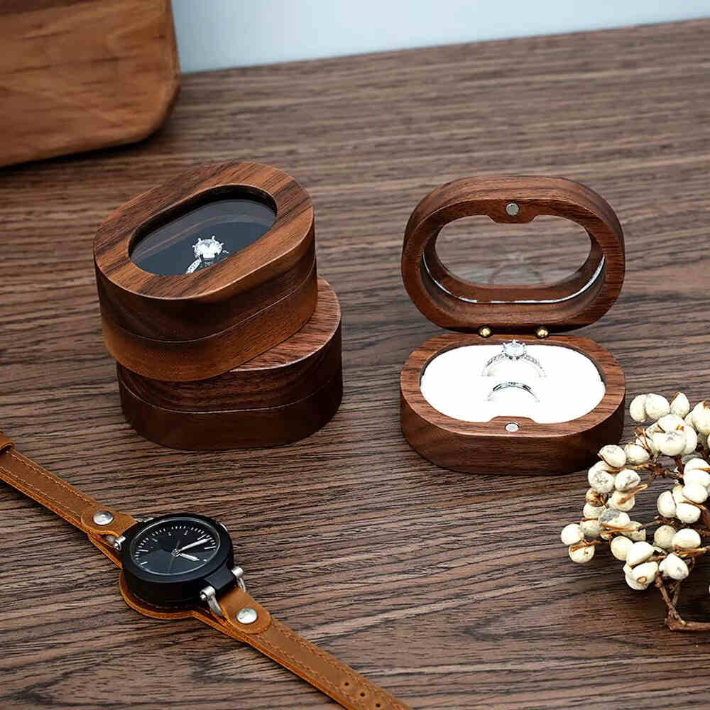 Oval Wooden Jewelry Ring Holder Box Engagement