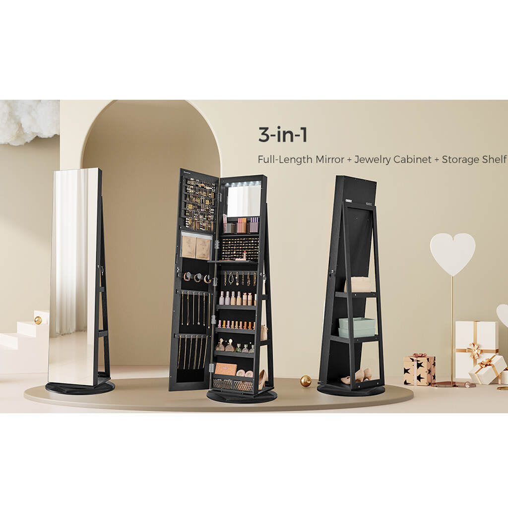 Standing Jewelry Armoire 6 LEDs Lockable Mirror Cabinet