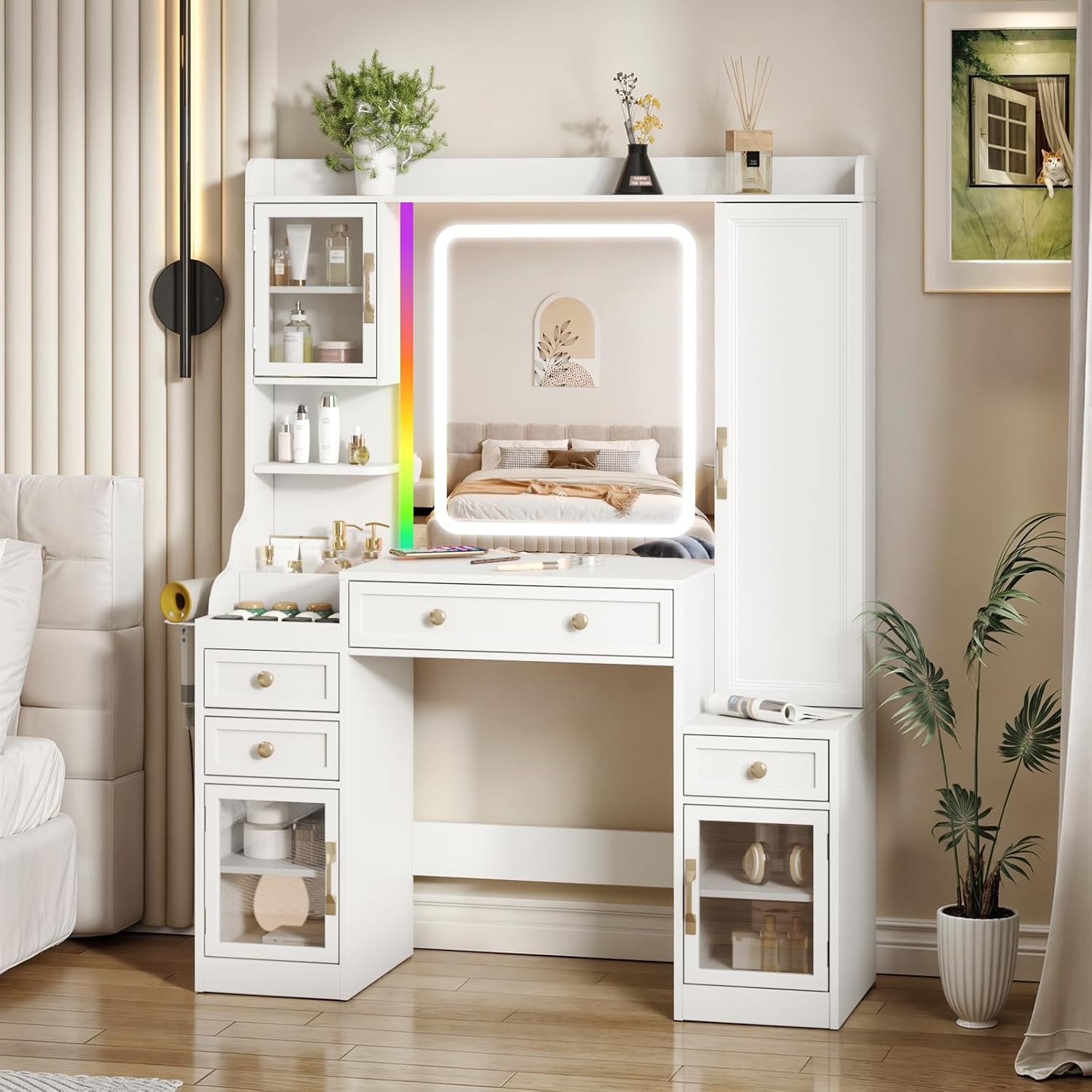 White Vanity Table with Jewelry Cabinet and RGB Lights – Jewelryorganiser White Vanity Table with Jewelry Cabinet and RGB Lights – Jewelryorganiser