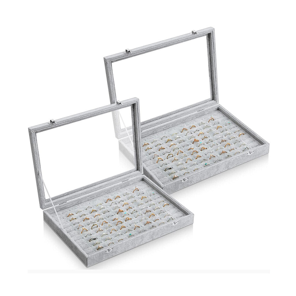 2 Pcs 100 Slots Ring Organizer Box with Transparent Glass