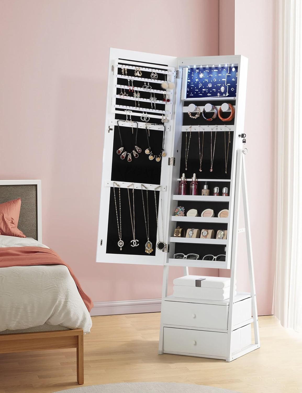 Lockable Standing Mirror Jewelry Cabinet with Drawers