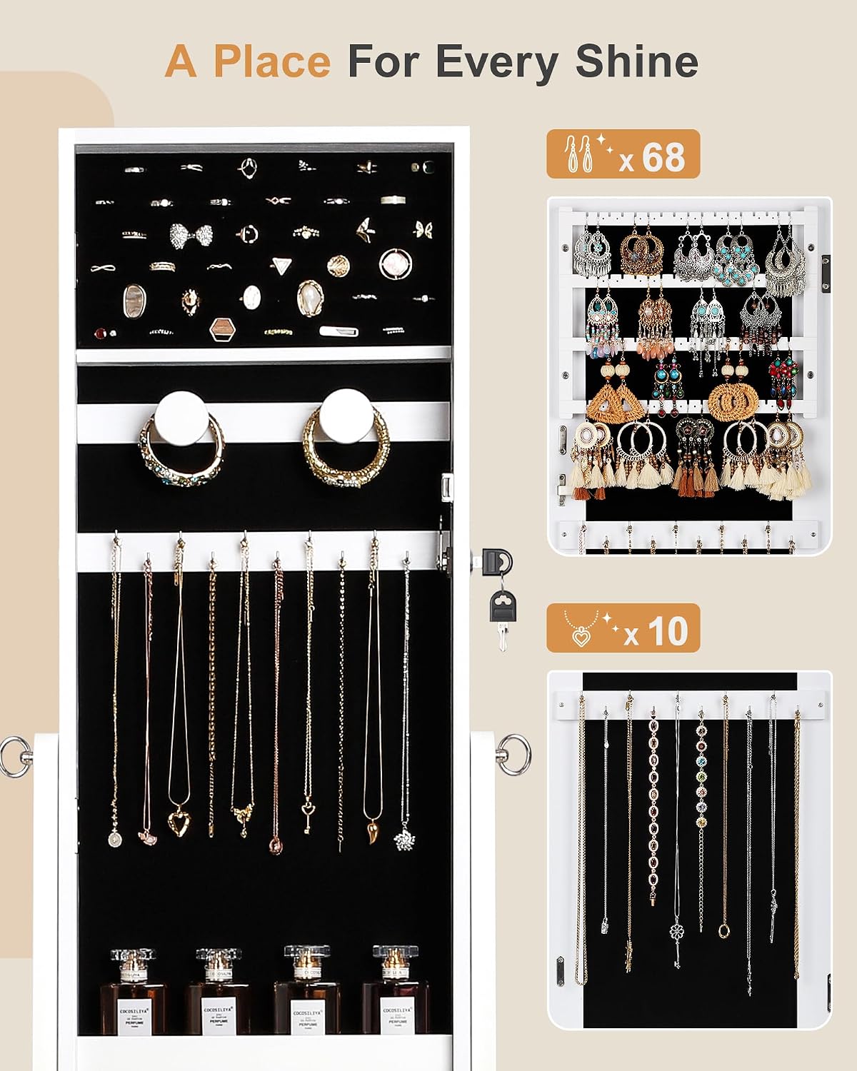 Freestanding Jewelry Cabinet Full Length Mirror, Moon White