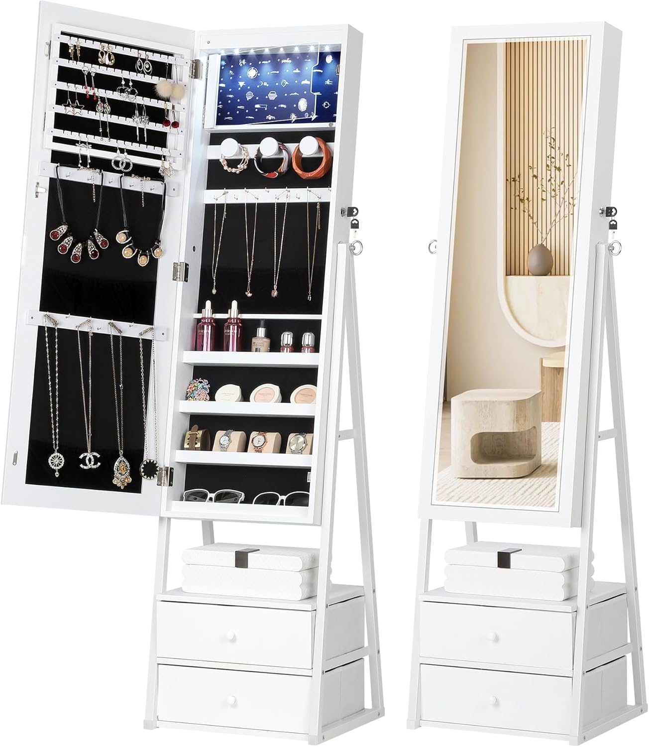 Lockable Standing Mirror Jewelry Cabinet with Drawers