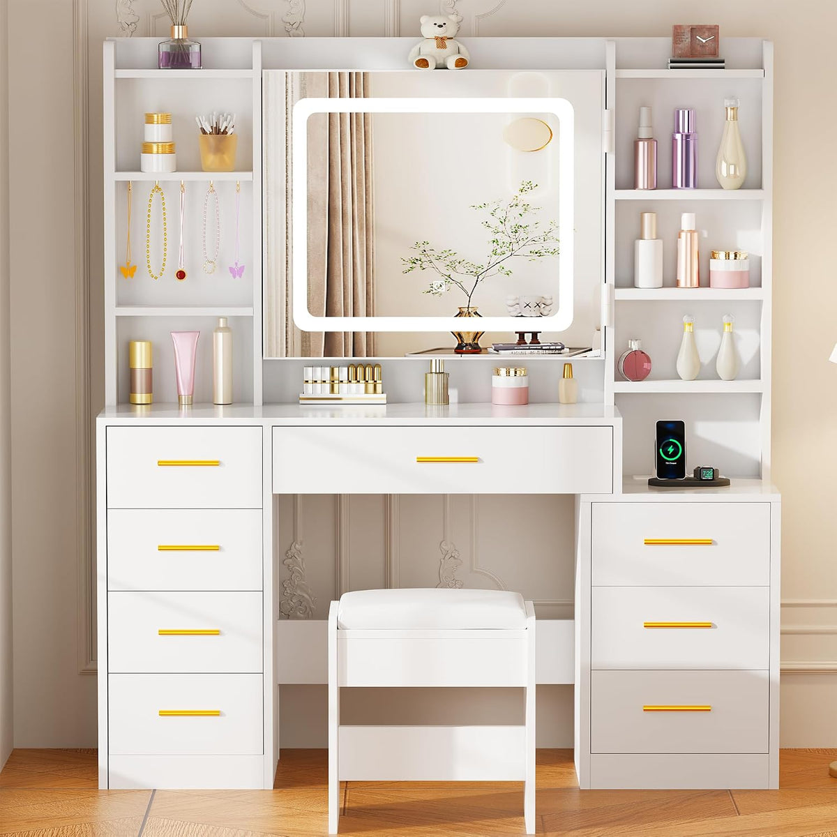 Large Makeup Vanity Desk with Lights, Hooks & Cushioned Stool