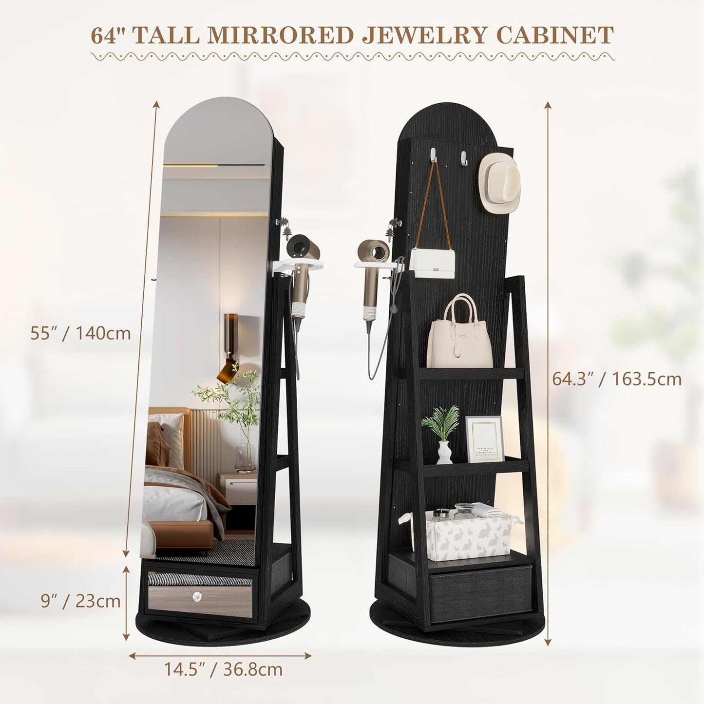 360° Swivel Arched Jewelry Cabinet with Mirror