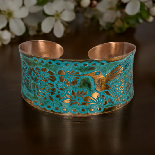 Solid Copper Patina Cuff Bracelet With Hummingbird