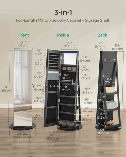 Standing Jewelry Armoire 6 LEDs Lockable Mirror Cabinet