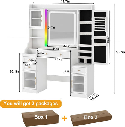 White Vanity Table with Jewelry Cabinet and RGB Lights