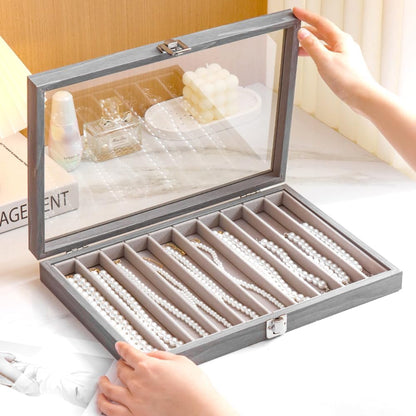 Glass Lid Necklace Organizer Box Transparent