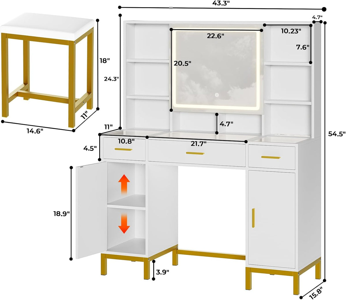 Vanity Desk with Openable Mirror and Lights