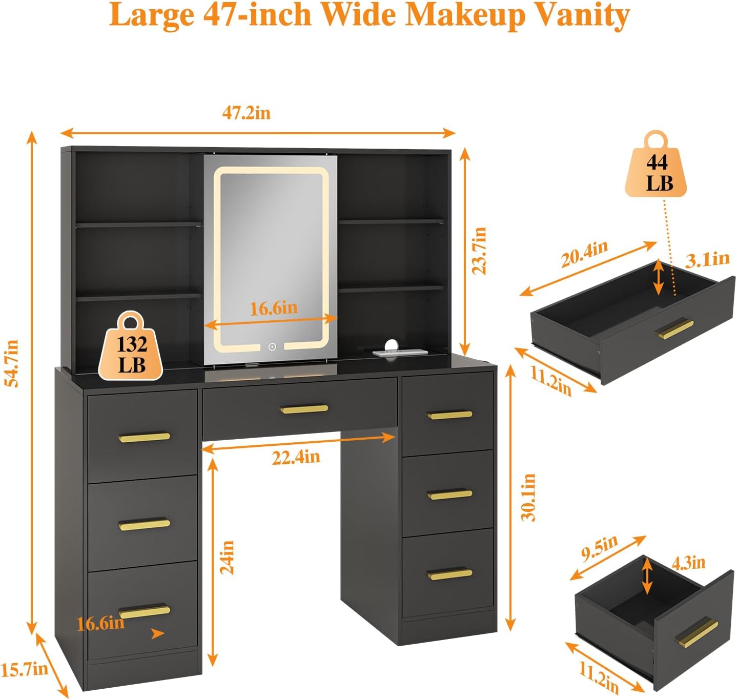 47'' W Large Vanity Desk with Mirror and Lights