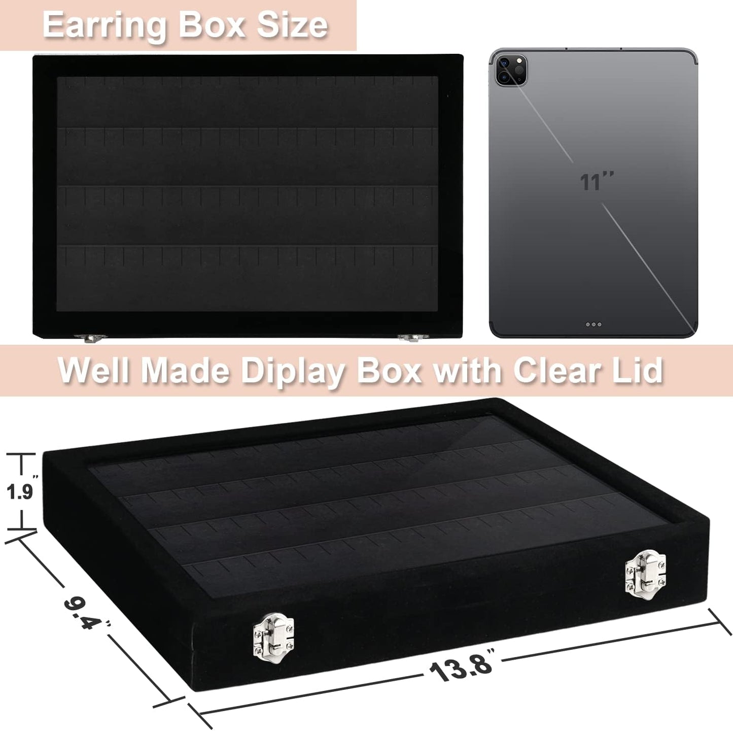 Velvet Earring Box with Clear Lid 80 Slots