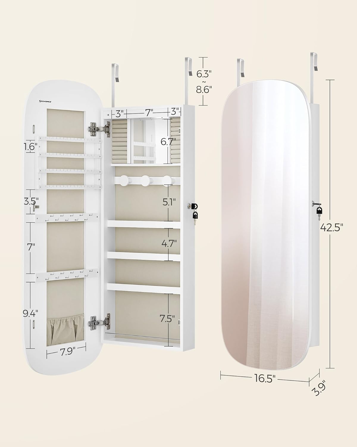 3.9 x 16.5 x 42.5" LED Jewelry Cabinet Wall Door Mounted