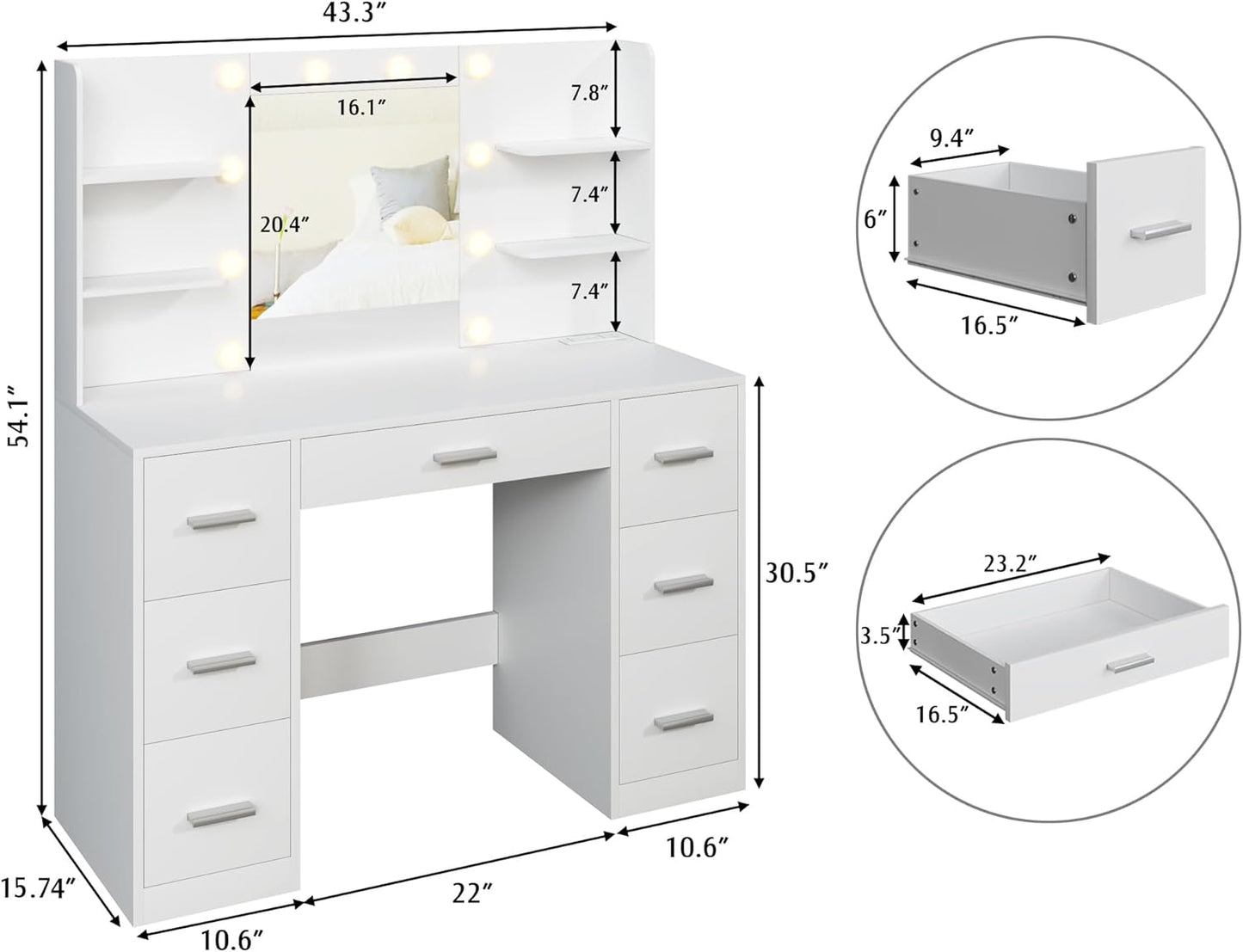 Makeup Vanity Desk with Mirror 7 Drawers 10 Lights