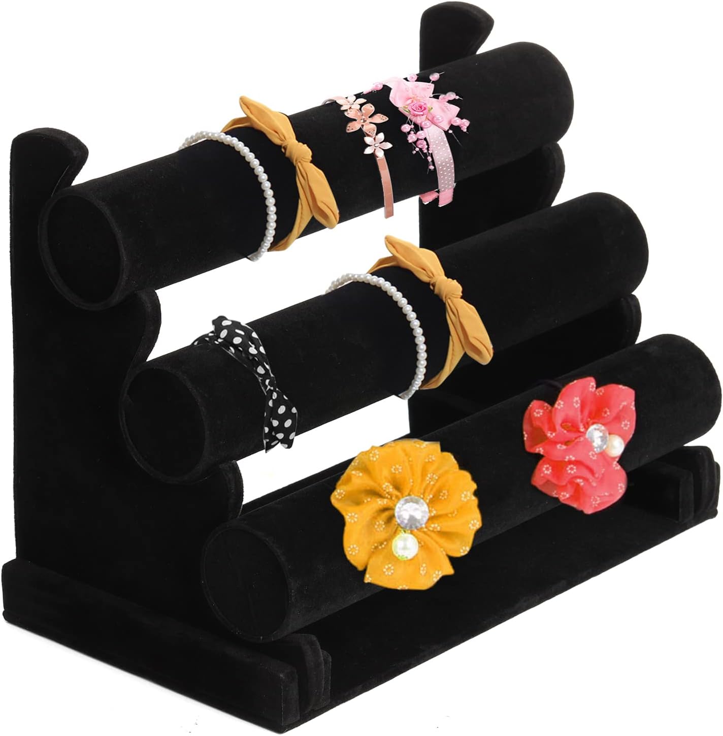 2 Pack Velvet Bracelet Holder with 3 Tier Rack, Black