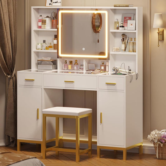 Vanity Desk with Openable Mirror and Lights