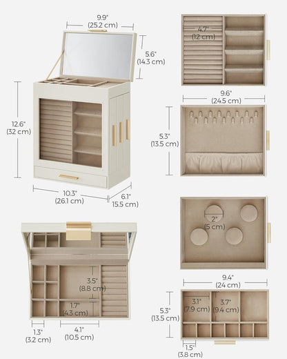 5-Layer Large Jewelry Storage Box with Mirror and 3 Side Drawers