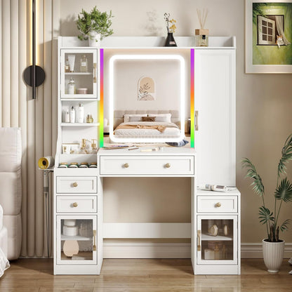 White Vanity Table with Jewelry Cabinet and RGB Lights