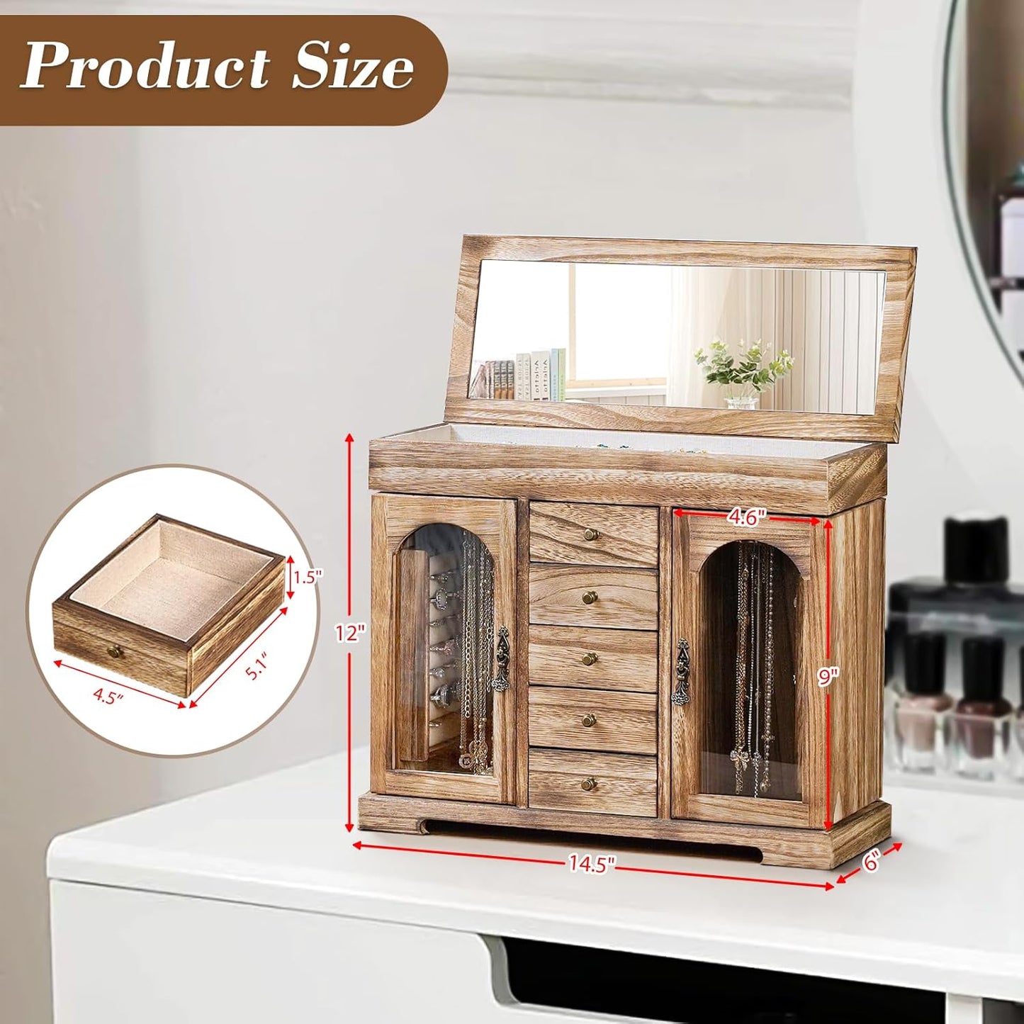 wooden jewelry organizer box with drawers