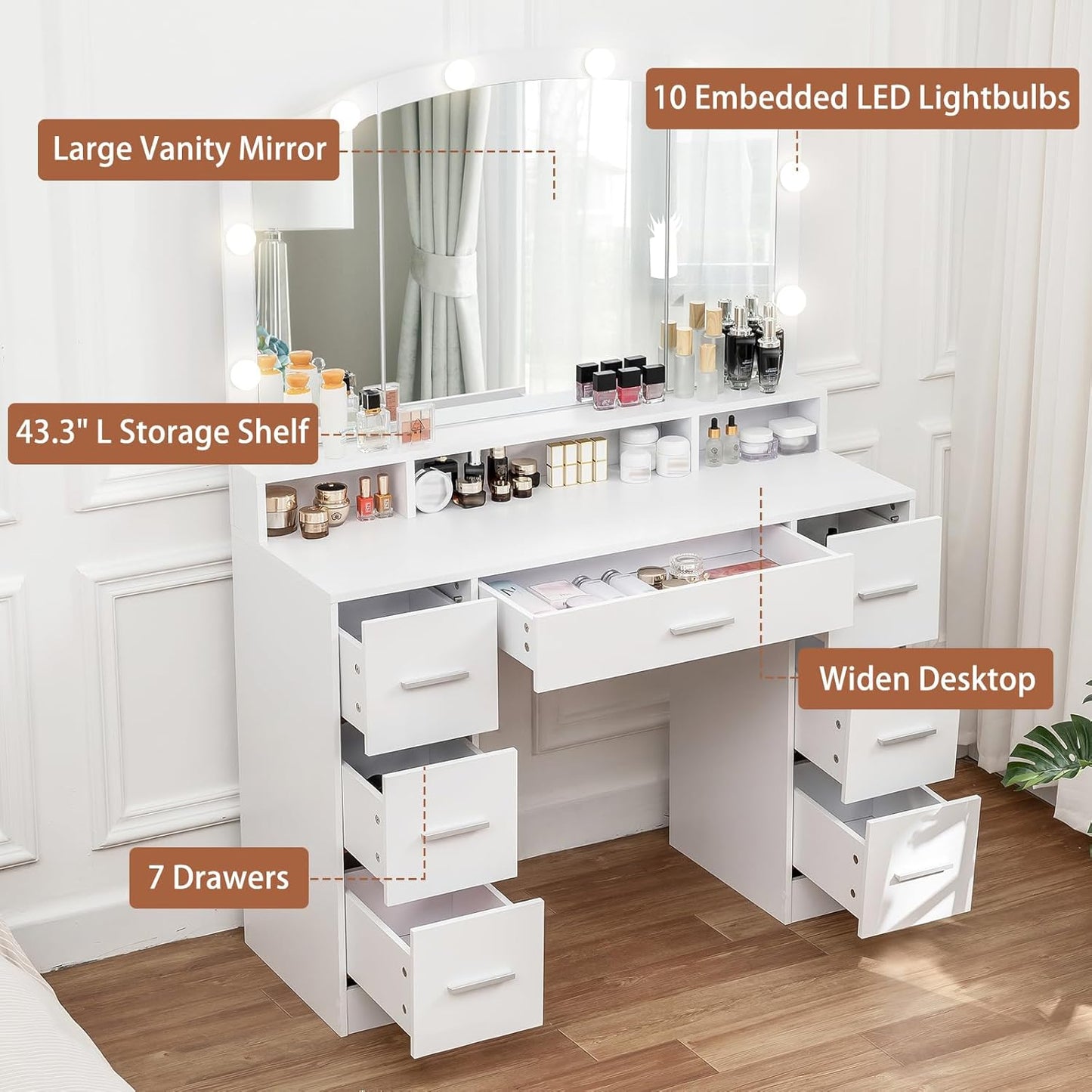 43.3" Vanity Desk with Large Lighted Mirror & Drawers