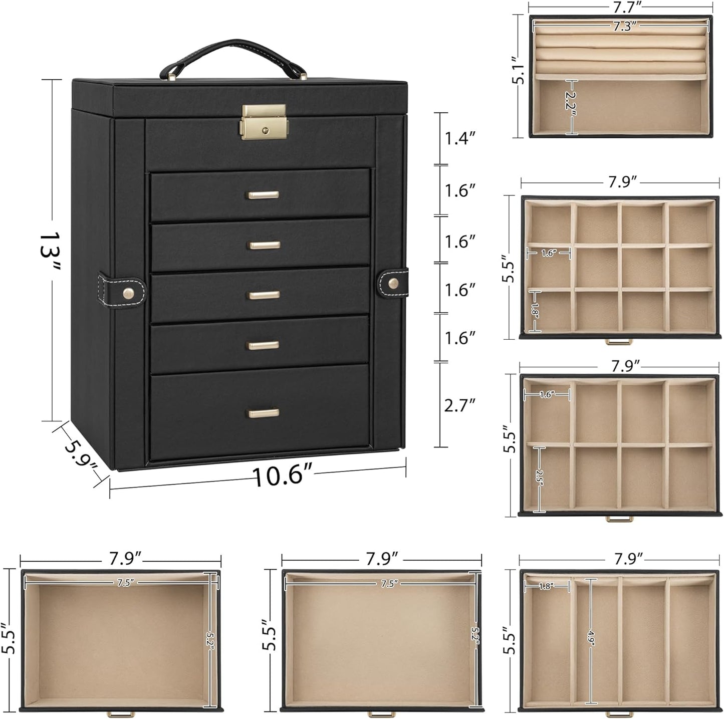 6-Tier Jewelry Box Lockable Leather Jewelry Storage Case