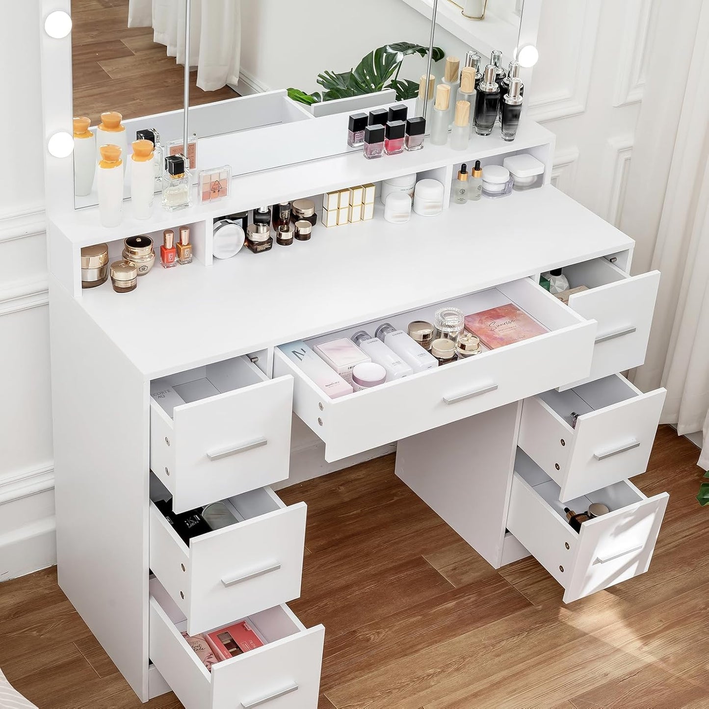 43.3" Vanity Desk with Large Lighted Mirror & Drawers