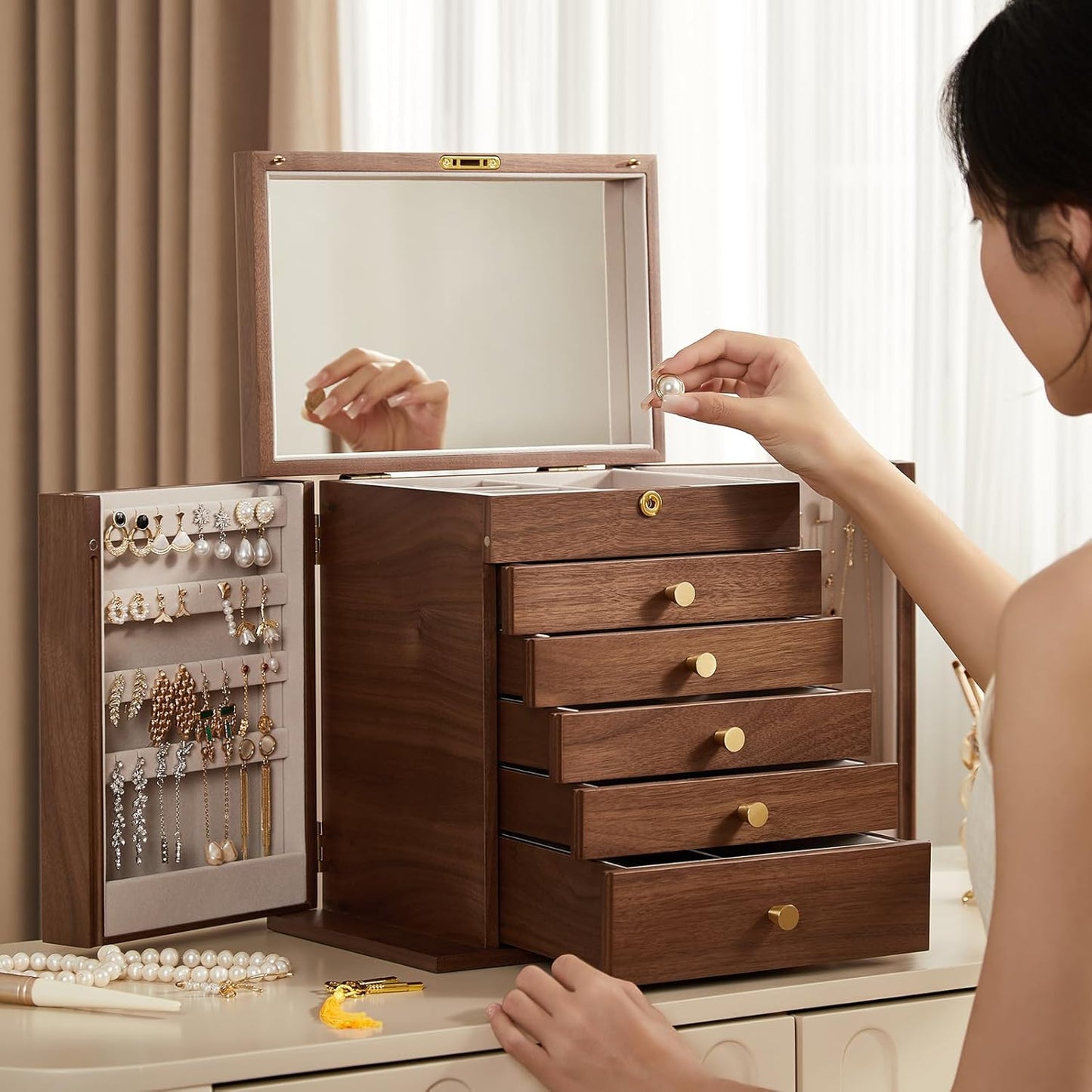 walnut wooden jewelry box organizer