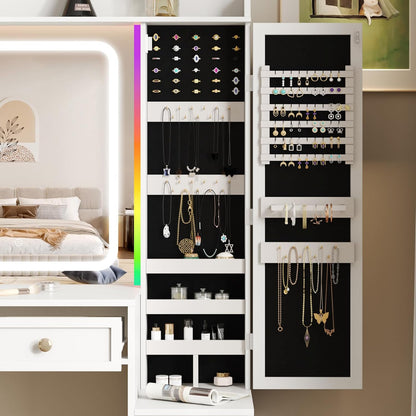 White Vanity Table with Jewelry Cabinet and RGB Lights