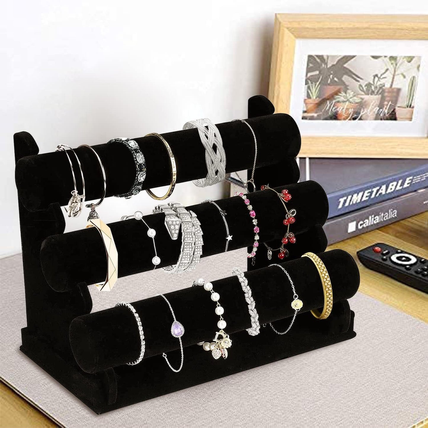 2 Pack Velvet Bracelet Holder with 3 Tier Rack, Black