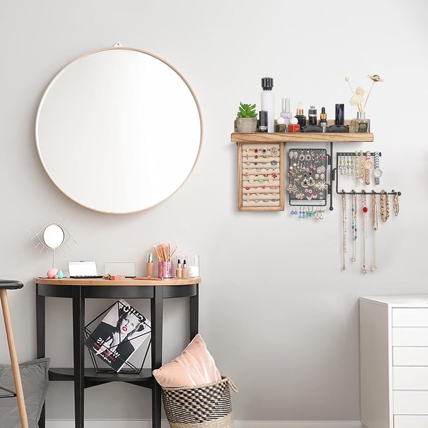 Wall Hanging Jewelry Organizer Wall Mount with Rustic Wood