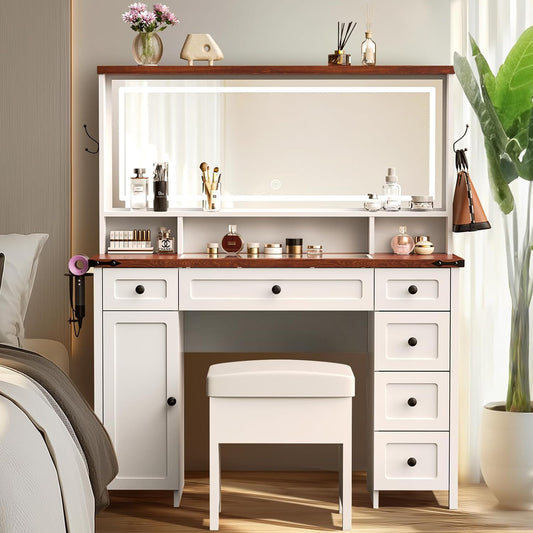 Farmhouse Makeup Vanity Desk with Lighted Mirror - Large