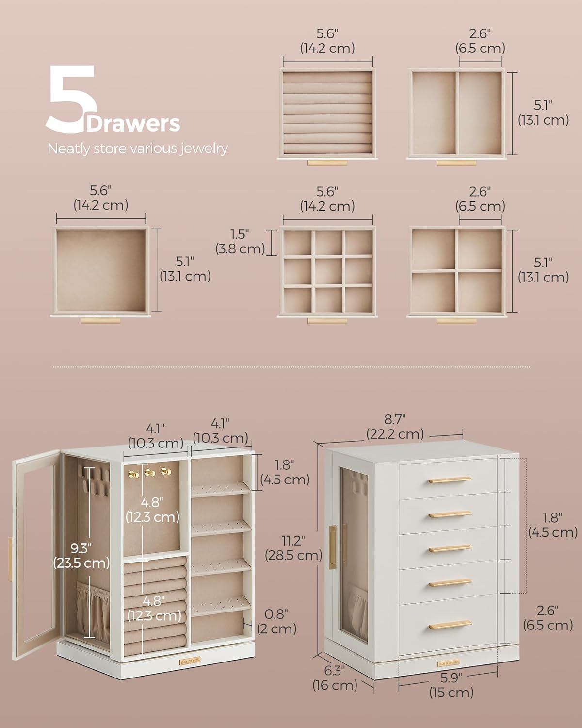 Premium Quality Jewelry Storage Case with 5 Drawers